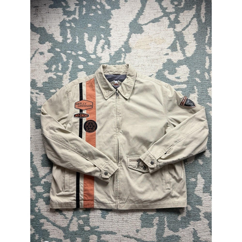 Harley-Davidson No Cages Racing Stripe Canvas Jacket Men's XL Khaki Patches